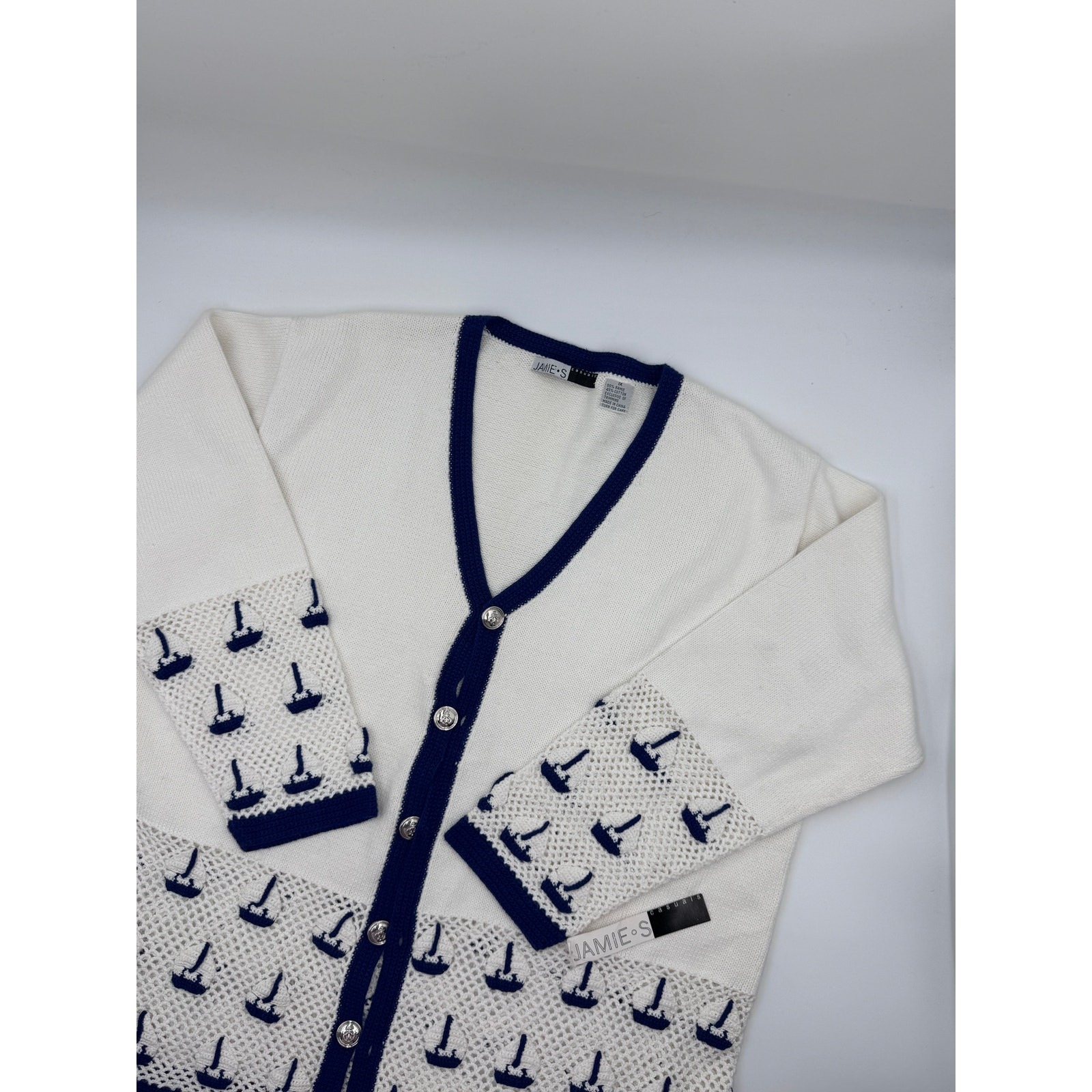 Womenâs Cream Cardigan With Navy Trim And Sailboat Pattern